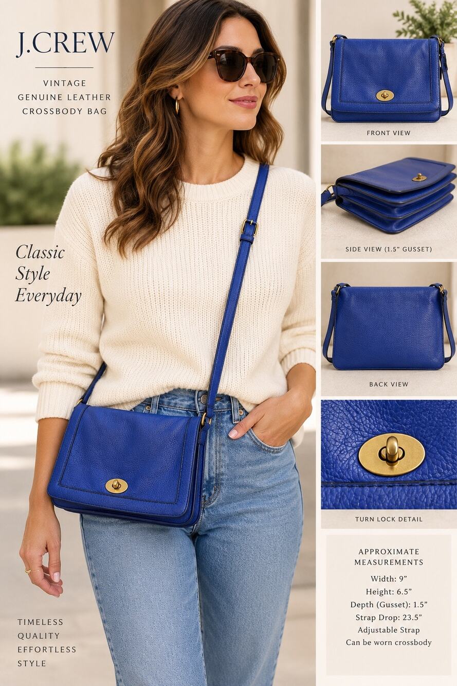 J.Crew Vintage Cobalt Blue Leather Crossbody Bag Turn Lock Shoulder Purse